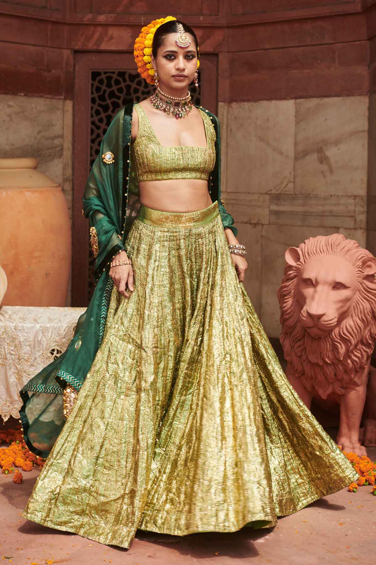 Buy ITRH, Designer Green Chanderi Lampi Lehenga Set Online